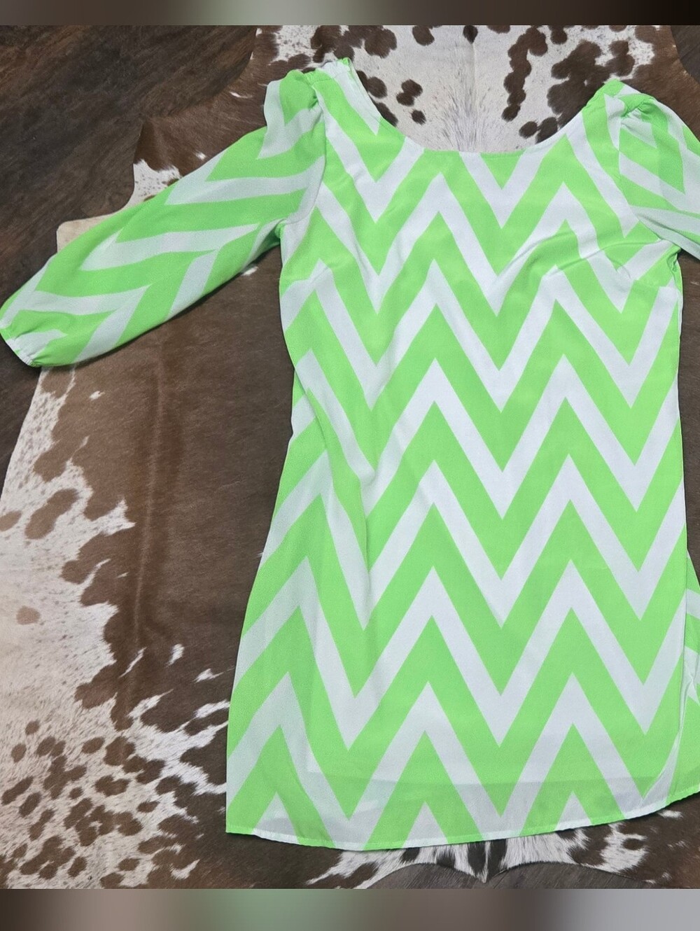 Pink Owl Lime Green and White Chevron Dress